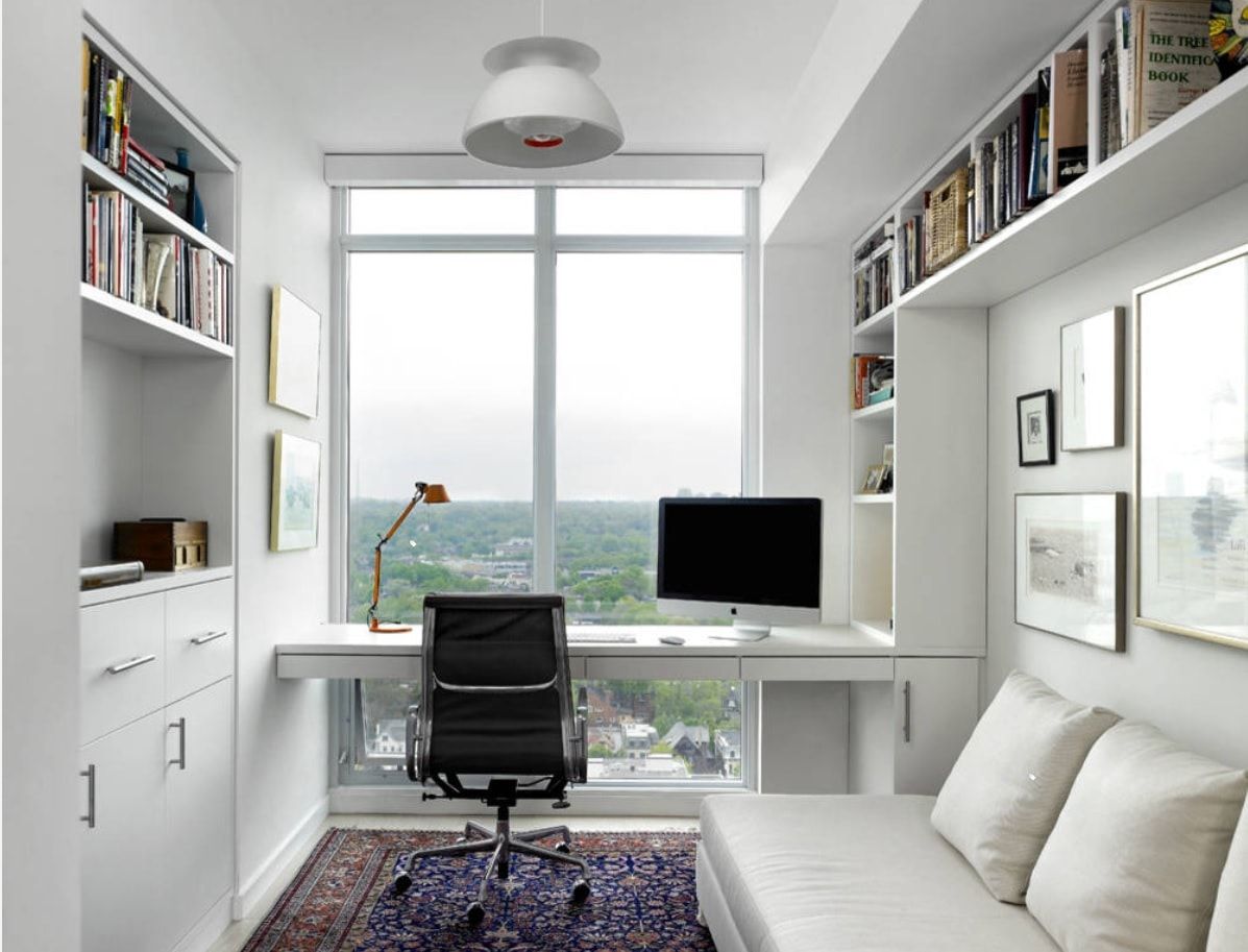 Scandinavian austere white colored small condo with panoramic window