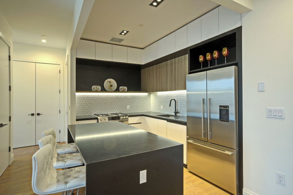 Steel gray theme for the hi-tech style kitchen with led lighting