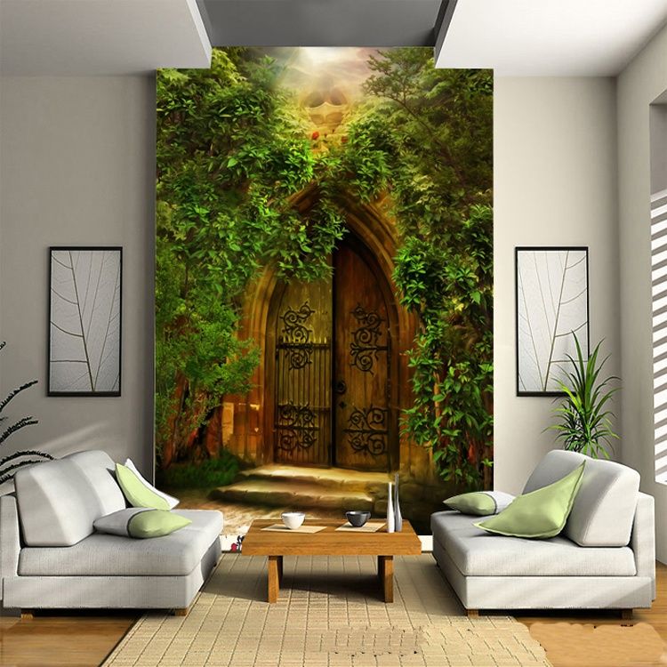 Wild nature and ancient castle doors at the wallpaper of the modern living room