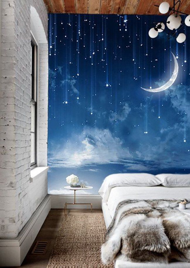 Bedroom with the night motif with starfall at the accent wall