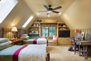 Nice ceiling architecture and successful modern design in the loft bedroom