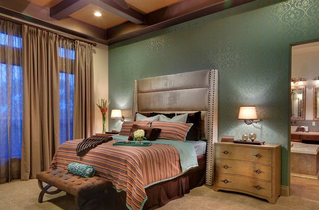 Coffered ceiling and striking headboard for the Rustic bedroom