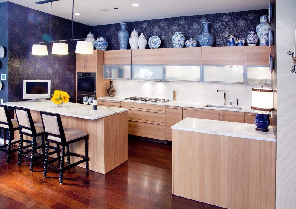 Nice two-colored blue and light wooden kitchen