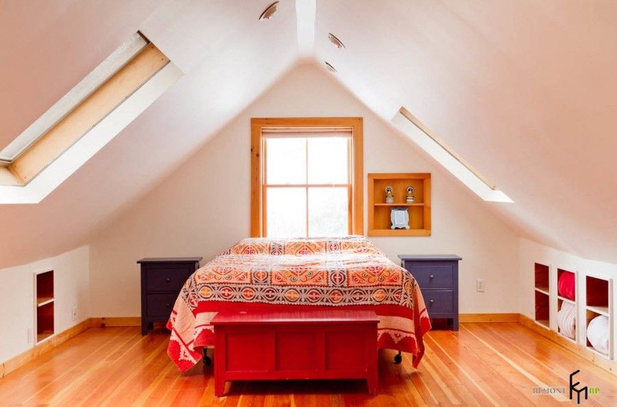 Light walls and laminated floor for typical Classic design if the loft bedroom