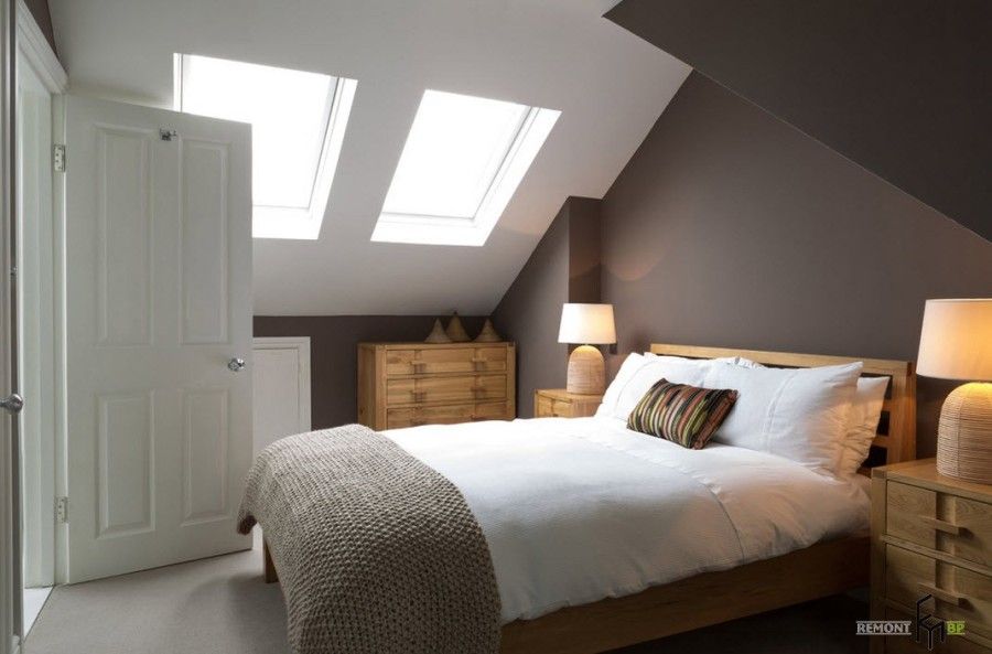 Slanted wall painted in white for the modern attic bedroom in gray