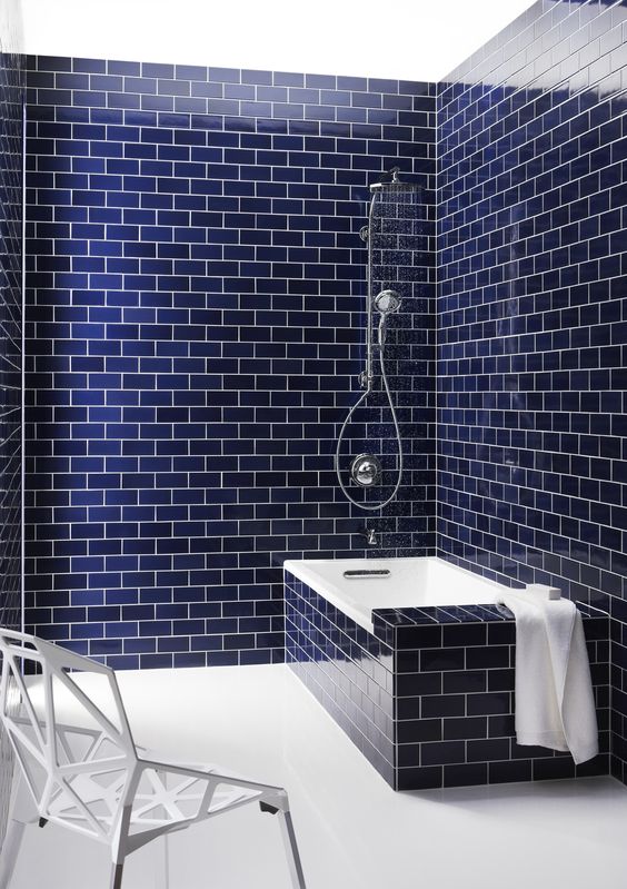 Blue subway tile with white grout