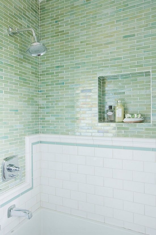 Green and white subway tile sombination of different sizes