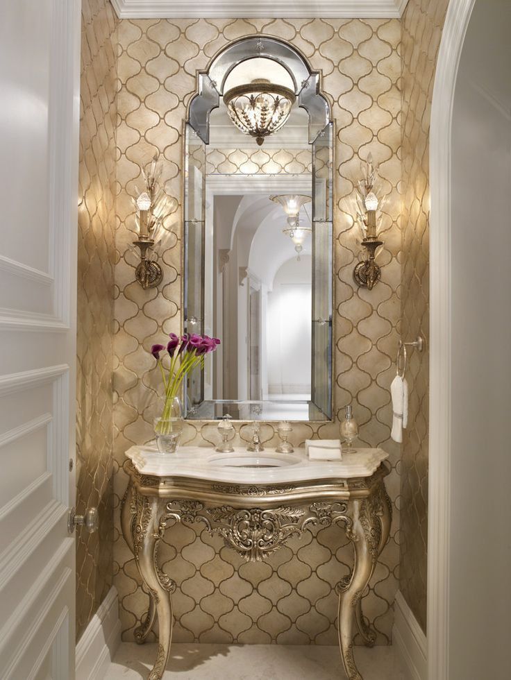 Royal looking Classic styled bathroom with carved vanity