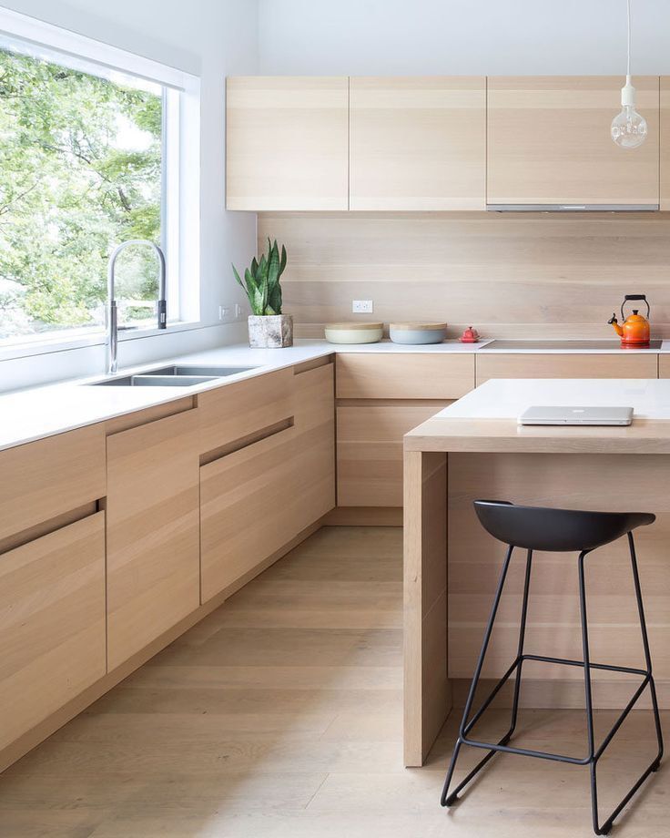 Modern kitchen furniture set with monolith wooden facades