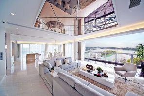 Mirror ceiling tiles for large suburb modern apartment with panoramic view