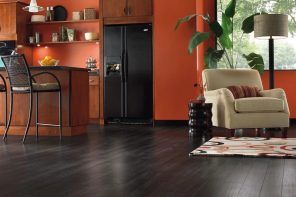 Black wooden floor and orange walls for modern styled kitchen