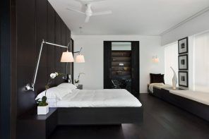 Black and white drastic contrast for modern designed bedroom with hovering bed