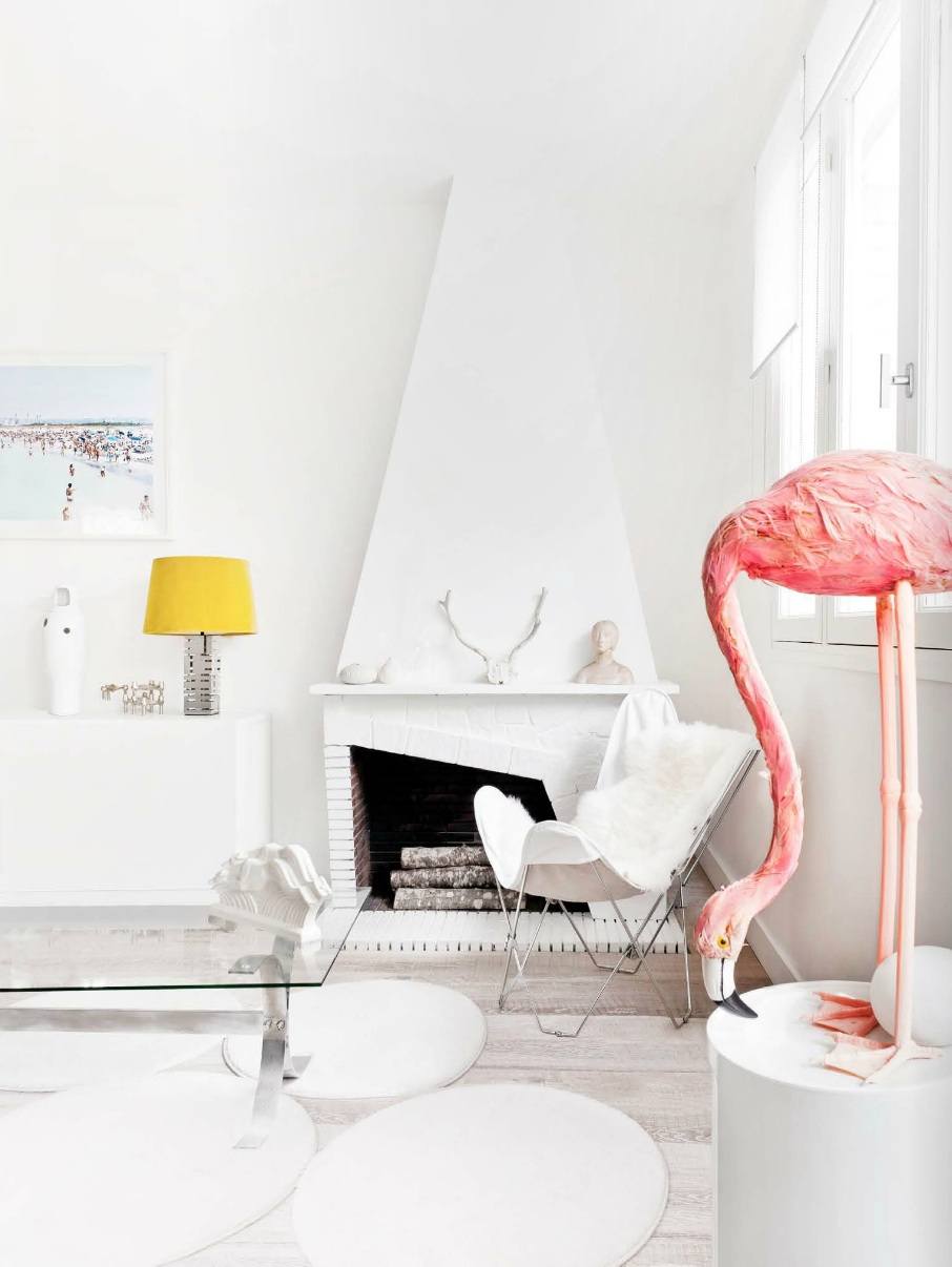 Flamingo dummy for the sparkling white Scandi living room