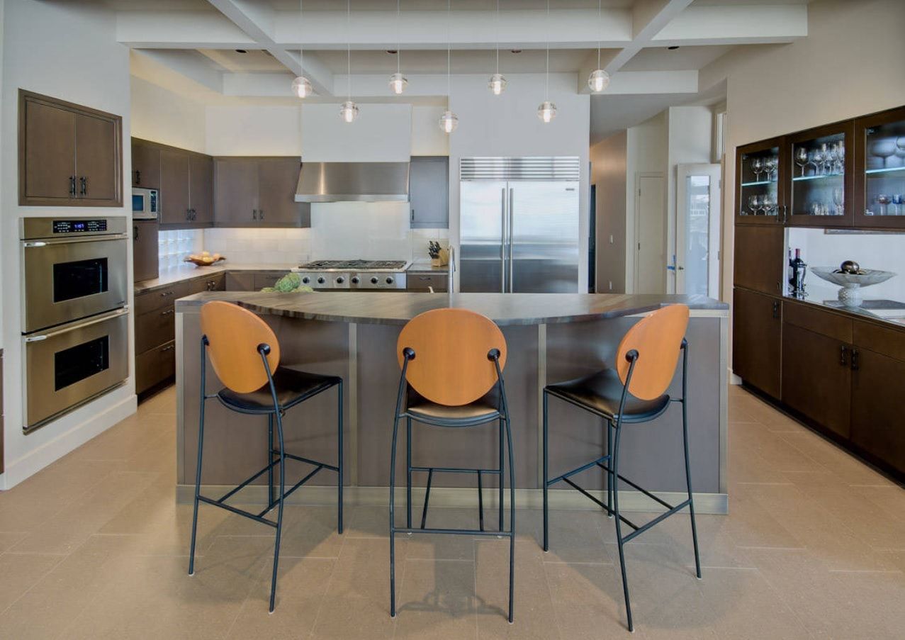 Gray designed island and its furniture composition for modern designed kitchen with coffered ceiling