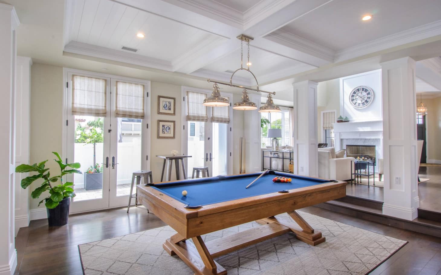 Sport room with billiards table and large cell coffered ceiling
