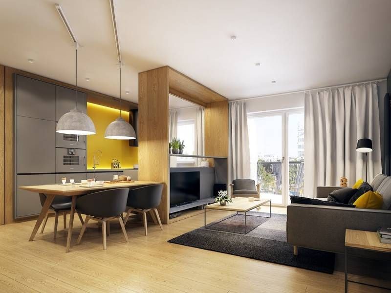 300 Square Feet Kitchen-Living Room Design Ideas with Photos. Красивая идея деревянного обрамления для украшения кухни