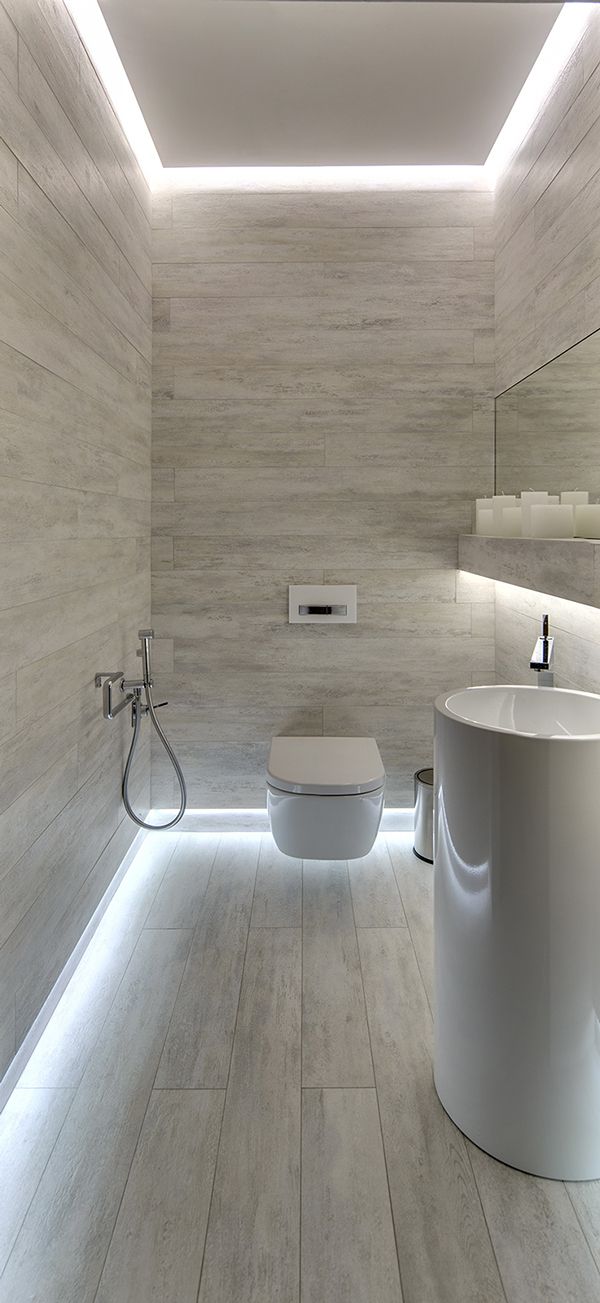 Gray color and bottom LED-lighting for small bathroom