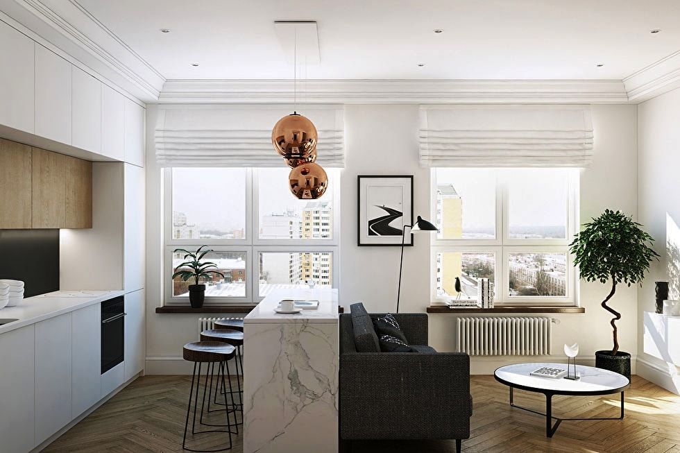 300 Square Feet Kitchen-Living Room Design Ideas with Photos. Классический серый интерьер с барным островом между двумя зонами