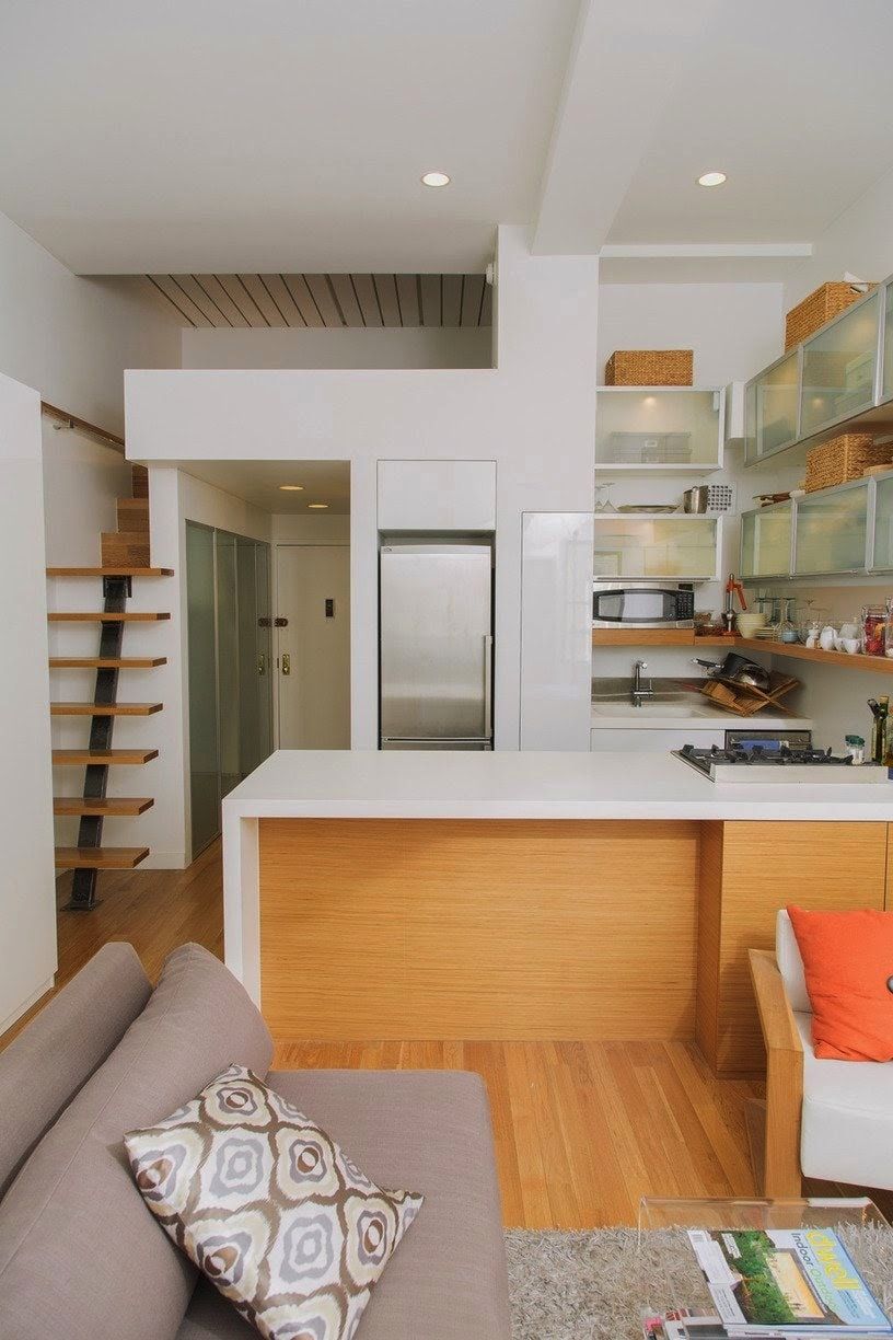 300 Square Feet Kitchen-Living Room Design Ideas with Photos. Типичная квартира-студия в стиле лофт со спальным местом на втором уровне