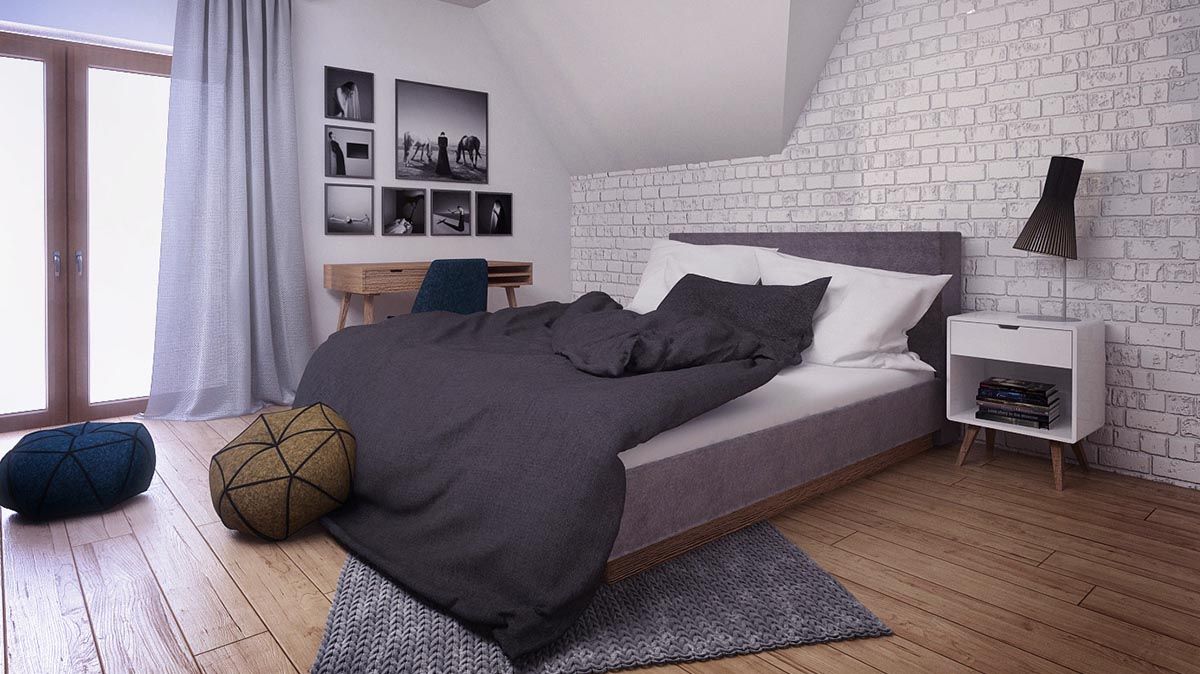 Loft modern designed bedroom interior with whitewashed brickwork