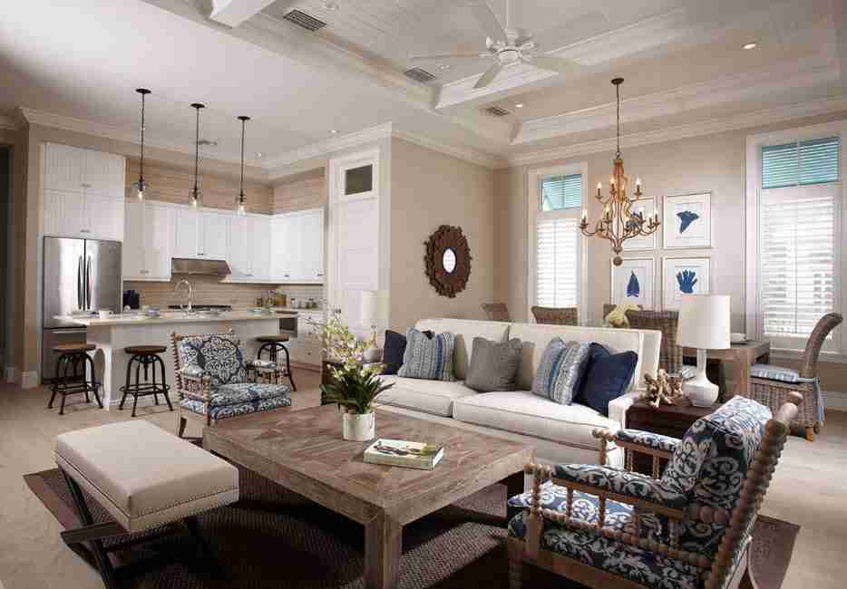 Ivory Interior Decoration Ideas, Photos, Advice. Light decoration and complex lighting of the open layout living with different zones