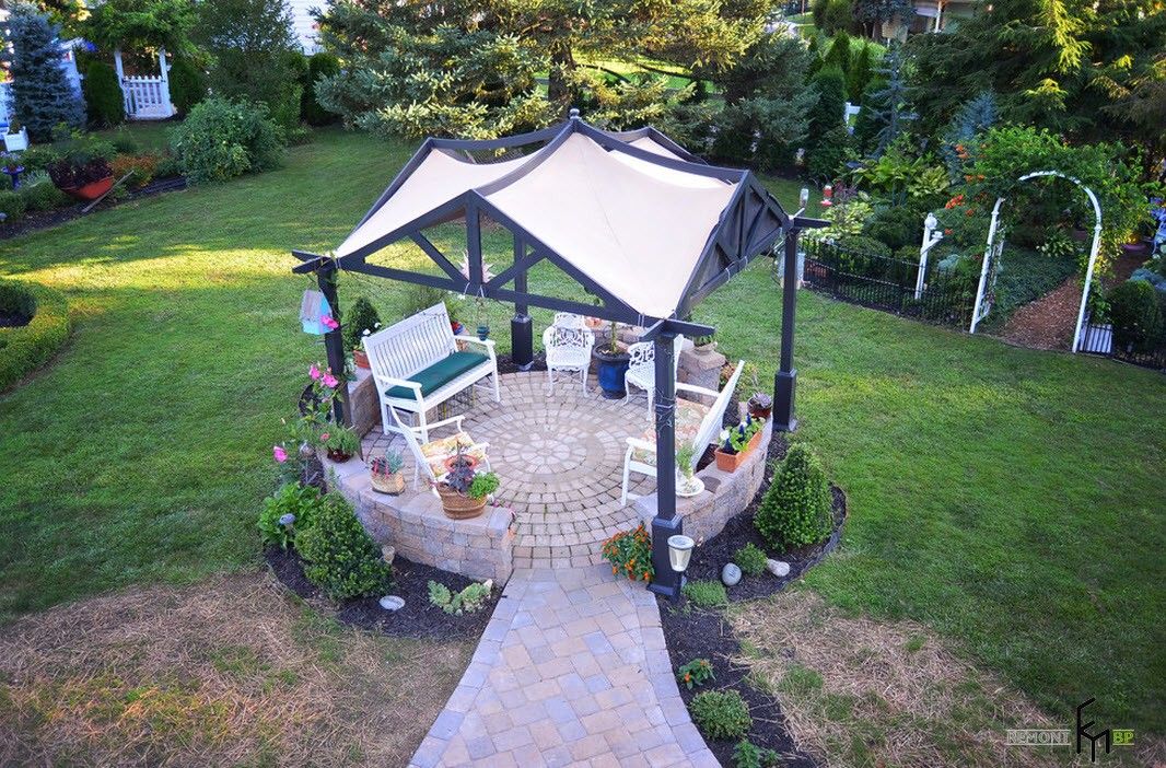 Backyard and Garden Gazebo: Design, Form, Use and Practical Advice. Soft roof in the wooden canopy