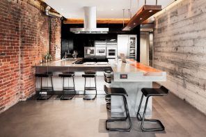 160 Square Feet Kitchen Design Ideas. Dark glossy plastic chairs and two islands