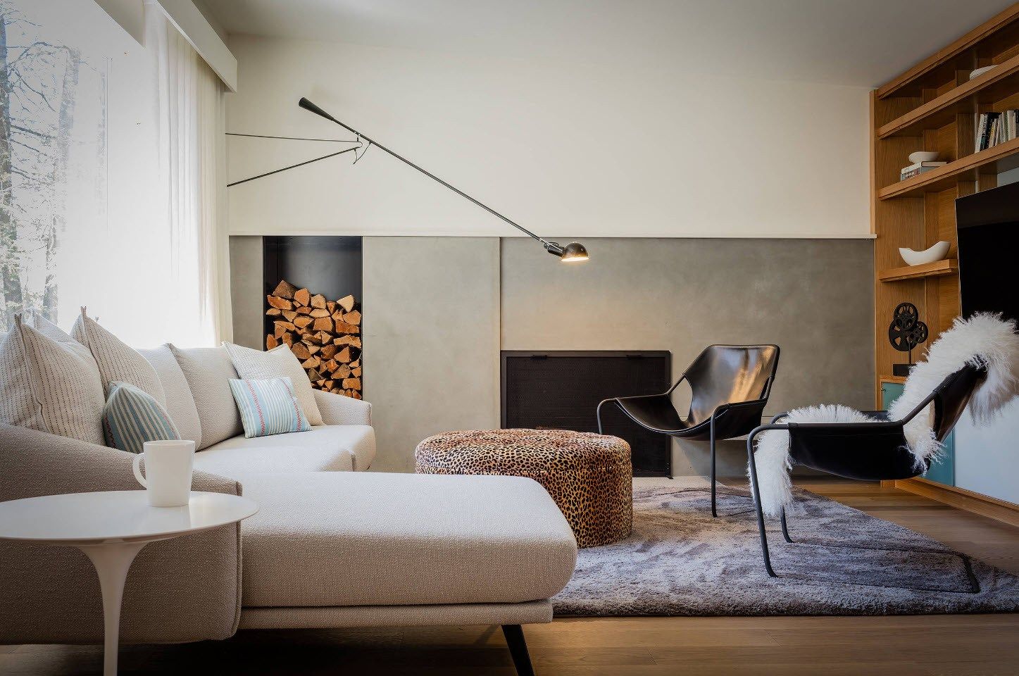 Firewood rack and round ottoman for the Scandi styled living