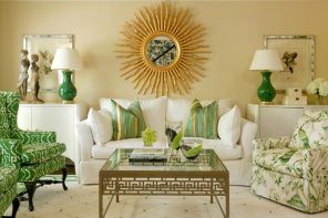 Beige Color Interior Decoration Ideas: Proper Combinations. Starburst gilded mirror and green decoration elements for the pastel colored Classic living