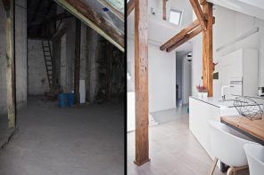 Interior Design Examples Before and After or why We Need a Designer. Loft interior transfiguration into white spacious and cozy living area