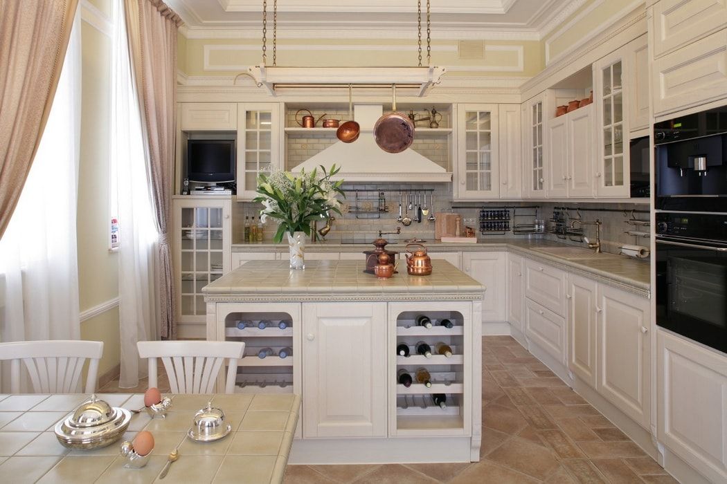 Italian Dining Room & Kitchen Combined in One Space. Working space with casement windows' island and dining zone with milky shade topped table