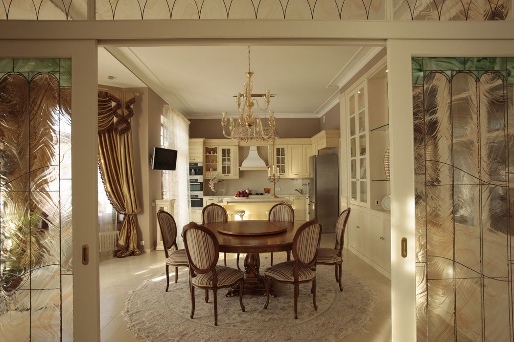 Italian Dining Room & Kitchen Combined in One Space. Great chic large space design in gray and beige color theme