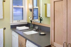 Washing Machine in Small Bathroom Placement Ideas. Green painted walls for modern bathroom with multifunctional vanity
