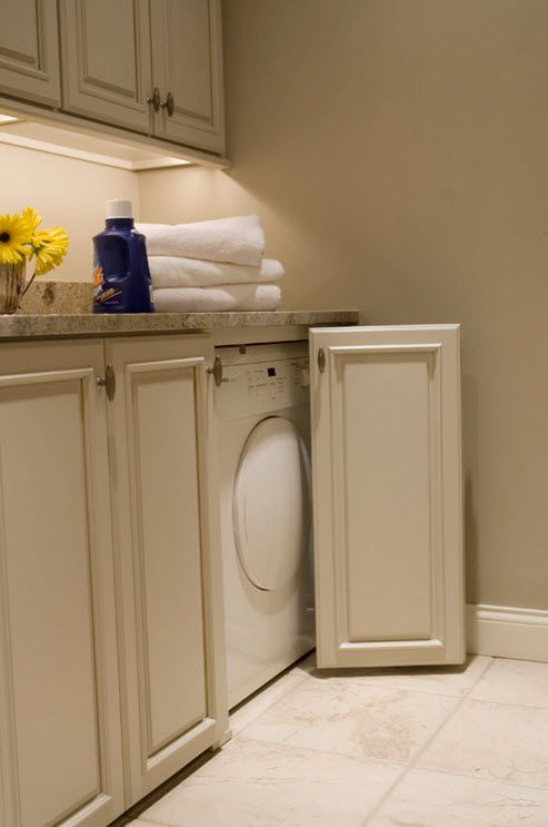 Washing Machine in Small Bathroom Placement Ideas. Total gray bathroom interior