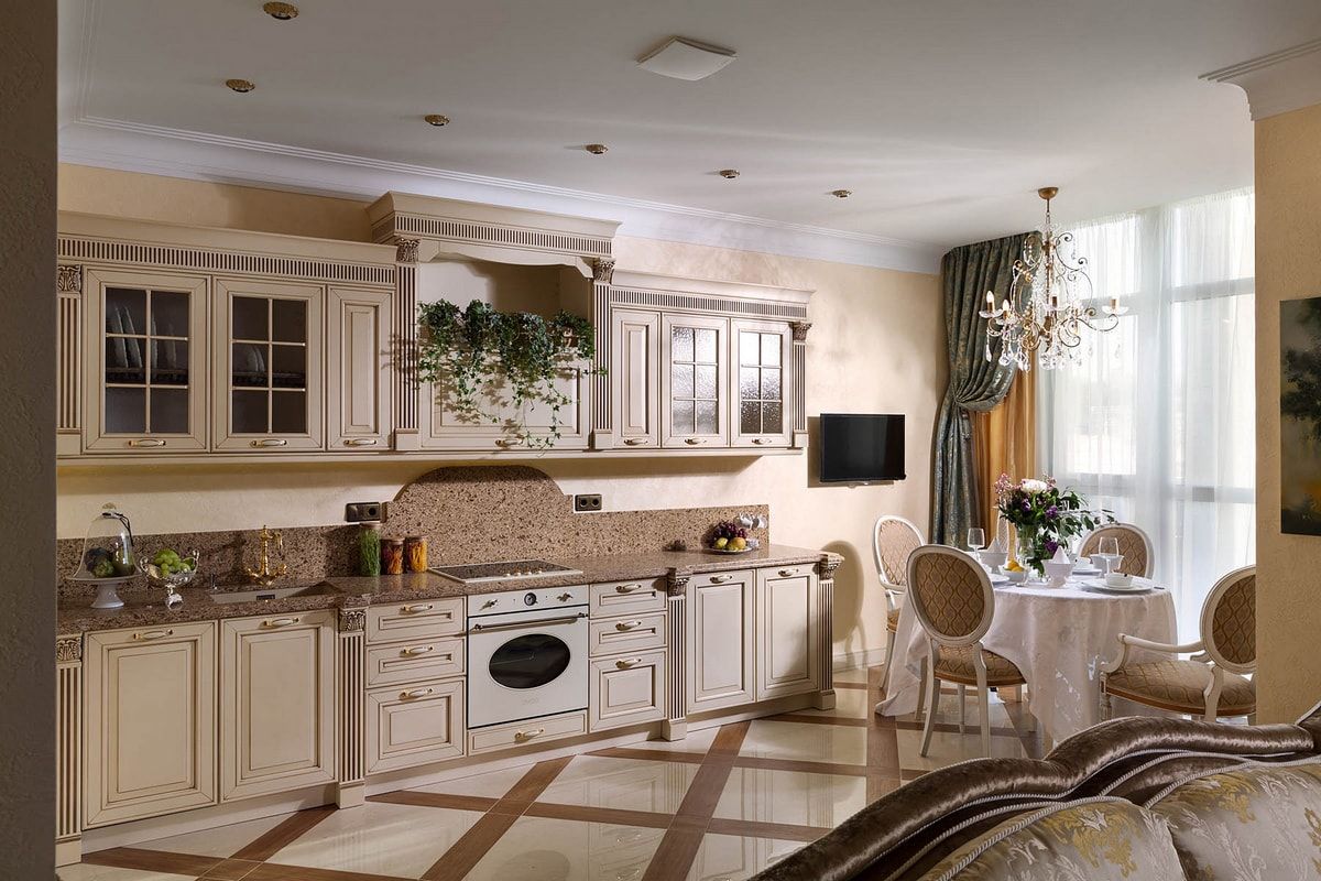 Italian Dining Room & Kitchen Combined in One Space. Classic wooden carved facades and criss-crossed marble imitating floor