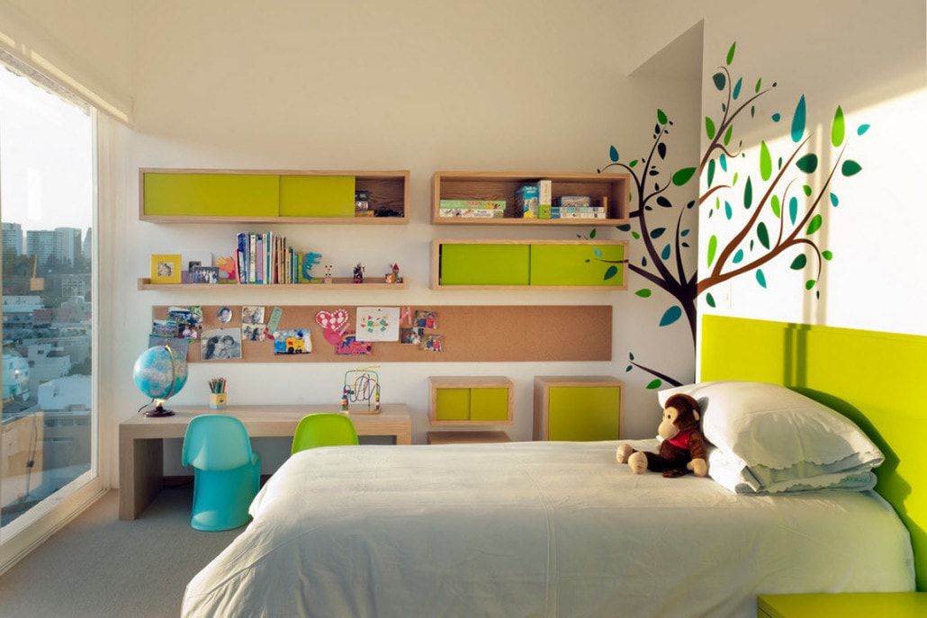 Acid green designed hanged cabinets for large children's room