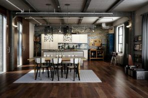 Industrial Interior Design Style: Description and Photos. Nice dark large kitchen with noble wooden laminate