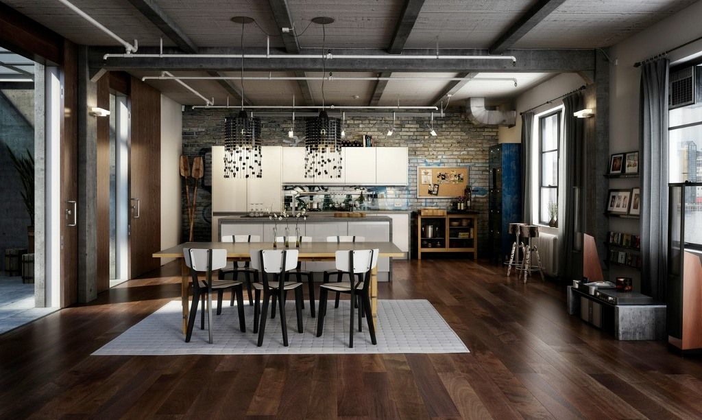 Industrial Interior Design Style: Description and Photos. Nice dark large kitchen with noble wooden laminate