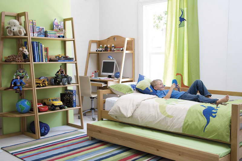 Zoning of the Children's Room Ideas. Green color palette and platform bed