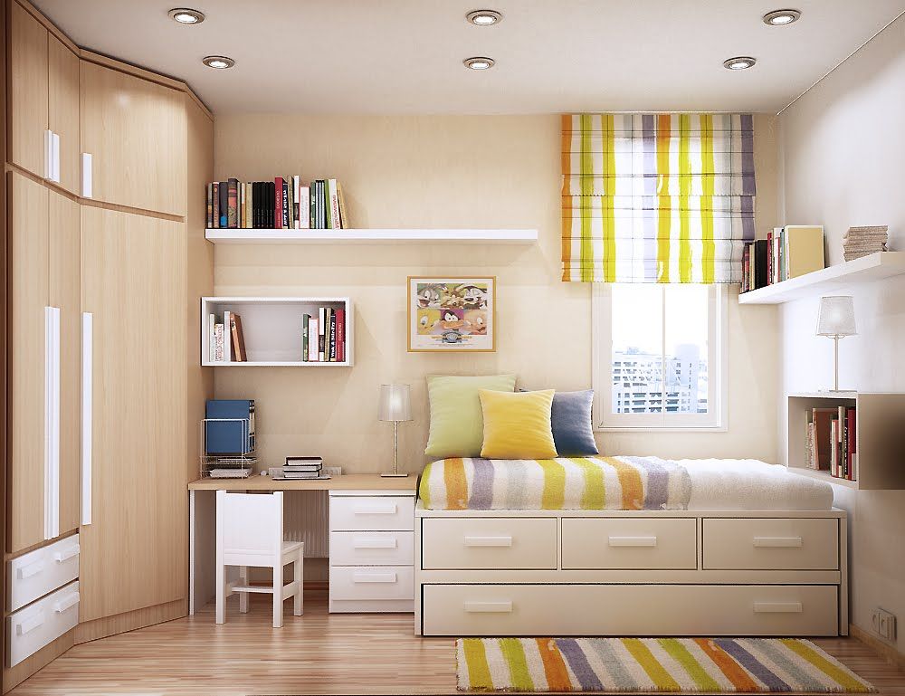 Beige colored children's room with colorful curtain