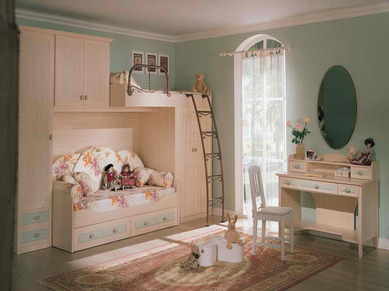 Zoning of the Children's Room Ideas. Turquoise wall decoration and light wooden furniture set with the sleeper