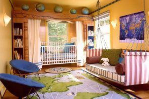 Zoning of the Children's Room Ideas. Yellow designed room with crib and the sofa