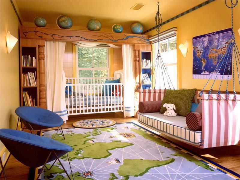 Zoning of the Children's Room Ideas. Yellow designed room with crib and the sofa