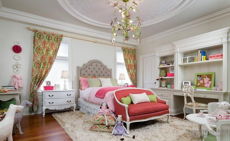 Curtains in the Interior of the Children’s Room. Classic designed space for a little girl with royal bed and quilted headboard