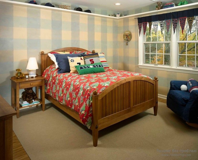 Curtains in the Interior of the Children’s Room. Classic wooden bed and the checkered walls