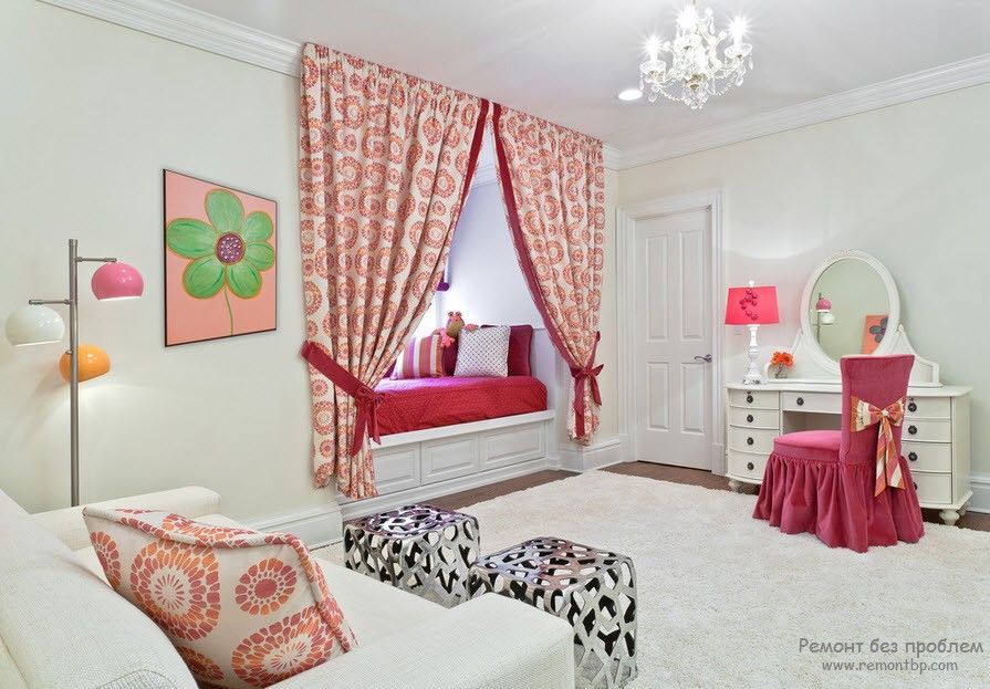 Curtains in the Interior of the Children’s Room. Bedroom for little princess in white with colorful curtains for the window sleeper