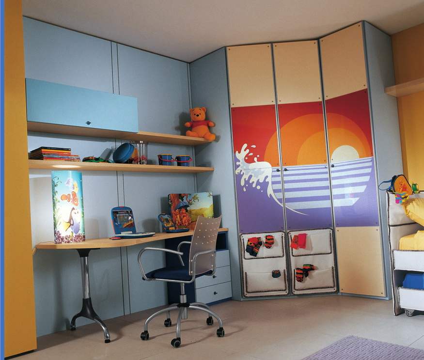 Totally blue designed room with picture decoration on the cabinet