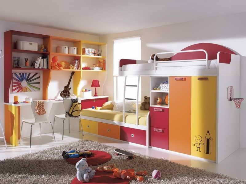 Choosing the Furniture for Children's Room: Arrangement for Boy, for Girl. Yellow and red color mix for large room