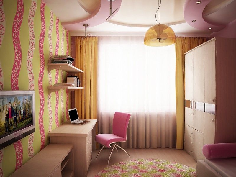 Choosing the Furniture for Children's Room: Arrangement for Boy, for Girl. Colorful striped wallpaper in the childrens room