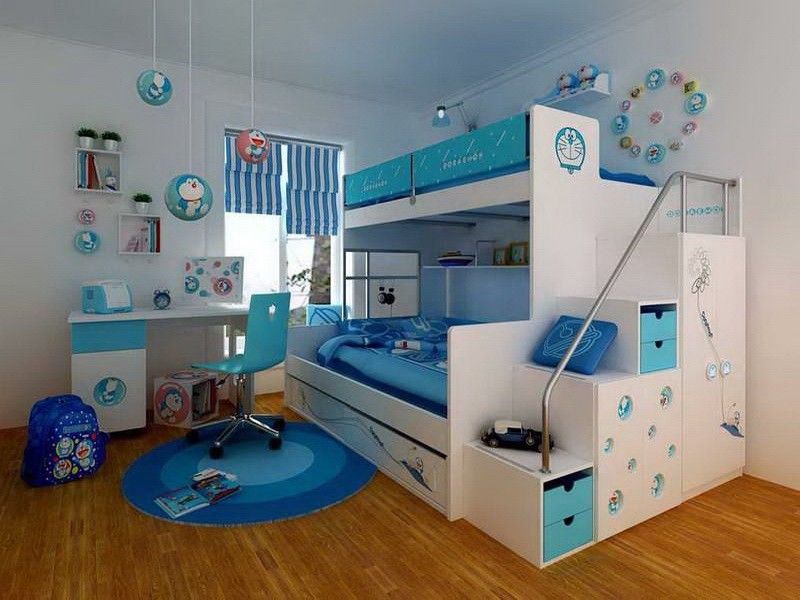 Choosing the Furniture for Children's Room: Arrangement for Boy, for Girl. Blue and white with dots color scheme in the children's with bunk bed